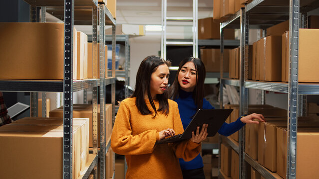 Female employees doing financial planning on laptop, checking products for supply chain management. Owner and female worker analyzing logistics data on pc, business development.