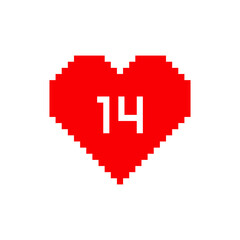 Valentines day pixel heart icon with number 14. Isolated on white background vector sign