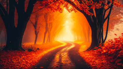 Autumn forest path. Orange color tree red