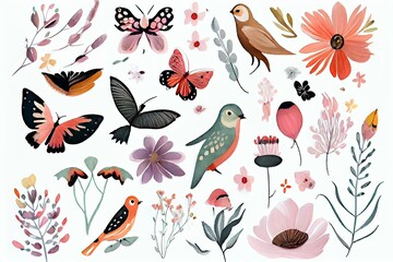 Flowers and birds, isolated on white, watercolor style AI Generated