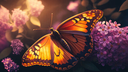 Fototapeta na wymiar bright orange monarch butterfly on a lilac flower