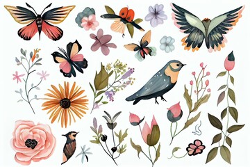 Flowers and birds, isolated on white, watercolor style AI Generated