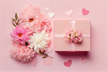  pink flower with paper heart and gift box on pink pastel background, watercolor style AI Generated