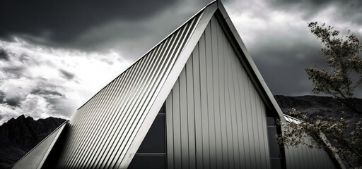 In the mountains against the sky, a metal profiled building's roof. Generative AI