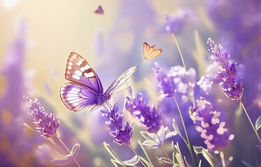 Blossoming Lavender flowers with flying butterfly background . Lavender field at lit by morning sunlight. Purple flowers of lavender. Summer background, watercolor style AI Generated