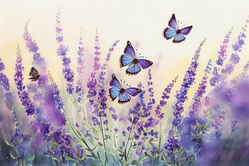  Field of Lavander flowers with Morpho butterflies, watercolor style AI Generated