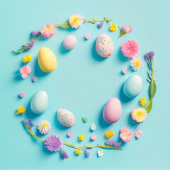 Fototapeta na wymiar Easter eggs, colorful flowers on pastel blue background. Spring, easter concept. Flat lay, top view, copy space, square, watercolor style AI Generated