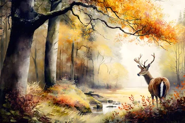 Foto op Aluminium Digital watercolor painting European forest in autumn with trees and wildflowers with deer in a landscape - 2 © Carlos Montes