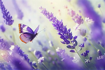  Blossoming Lavender flowers with flying butterfly background . Lavender field at lit by morning sunlight. Purple flowers of lavender. Summer background, watercolor style AI Generated