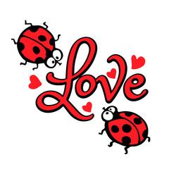 Two cute crazy ladybugs with love look and text Love
