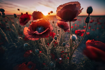 A field of red poppies in the background of the sunset, Generative Ai.