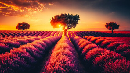 Plakat Lavender flowers blooming fields at sunset