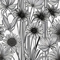 seamless black and white pattern with flowers created with Generative Ai