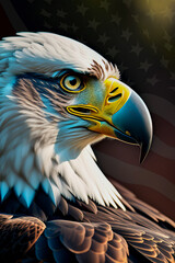 Portrait of an Eagle with American Flag in background created with Generative Ai