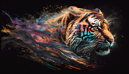 tiger on black background, vibrant, colourful. Generative AI image.