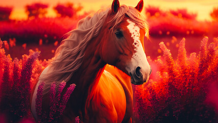 Red horse with long mane on summer pink flowers