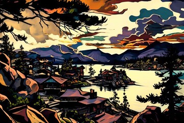 Williams Lake concept landscape artwork illustration, colorful style painting, and wallpaper art