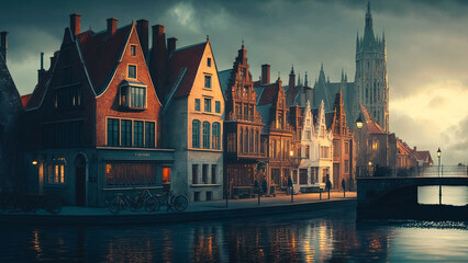 view on Bruges. Bergen Norway cinematic atmosphere shot