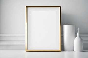 Golden picture frame mockup. Empty poster with minimalistic decoration. Generative AI
