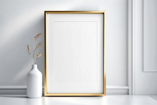 Golden picture frame mockup. Empty poster with dryed flower. Generative AI