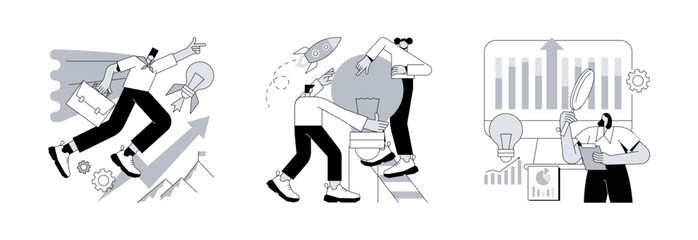 Strategic business planning abstract concept vector illustration set. Business mission, vision statement, competitive intelligence, goals and philosophy, brand success, loyalty abstract metaphor. © Vector Juice