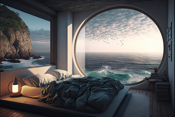 A dream bedroom overlooking the ocean made with generative ai