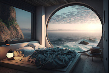 A dream bedroom overlooking the ocean made with generative ai