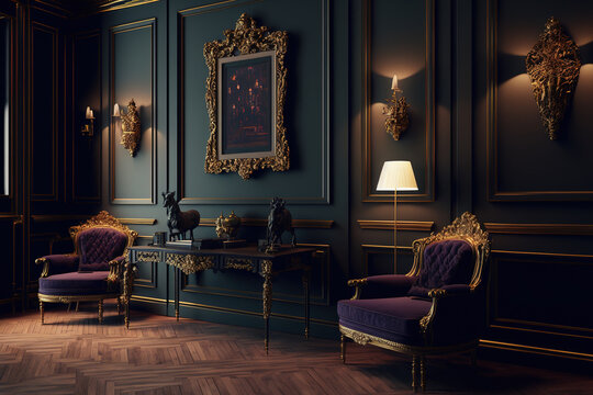 19th century Renaissance inspired stylish room with contemporary, high end furniture. Noble dark colored walls are embellished with gilded frames, oak parquet, and plaster. Generative AI