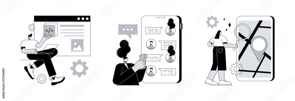Poster web development abstract concept vector illustration set. single page application, messaging applica