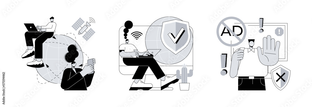 Poster network access abstract concept vector illustration set. global web connection, vpn access, ad block