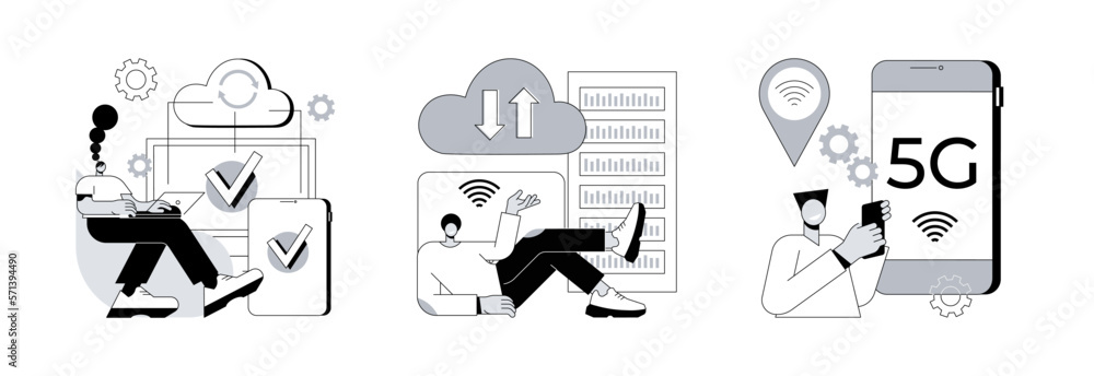 Poster online data transfer abstract concept vector illustration set. cloud connection, edge computing, mob