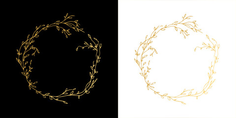 Elegant luxury frames, floral wreath, сircle monogram with hand drawn wild herbs and flowers. Vector illustration for invitation or wedding decor, logo, labels, branding, business identity