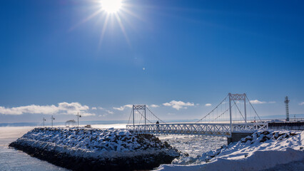 Charlevoix, the pedestrian bridge leading to the viewpoint on the port of La Malbaie
