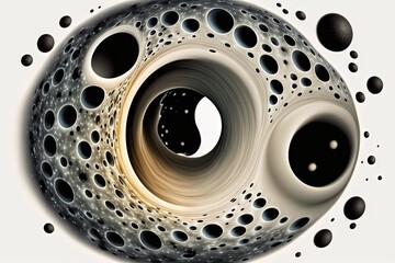 Variously shaped black holes on a white background. Macro. Generative AI