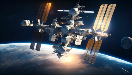 Space station on orbit of Earth planet view from outer space with Generative AI Technology. - obrazy, fototapety, plakaty