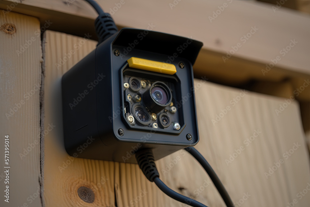 Poster a close up tiny cctv camera in a black casing is mounted on a structure with a wood roof. generative