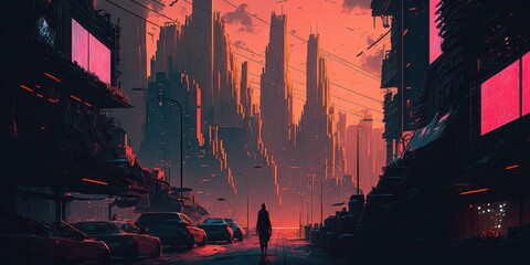 painted futuristic cityscape in the cyberpunk aesthetic. Generative AI