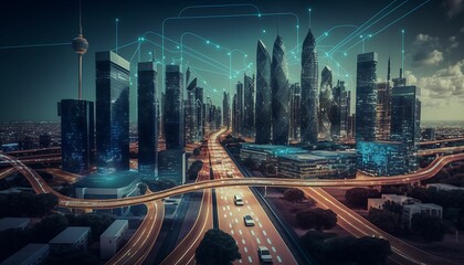 Fototapeta na wymiar Smart city. big data connection technology concept with Generative AI Technology.