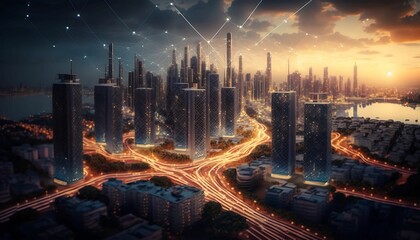 Smart city. big data connection technology concept with Generative AI Technology.