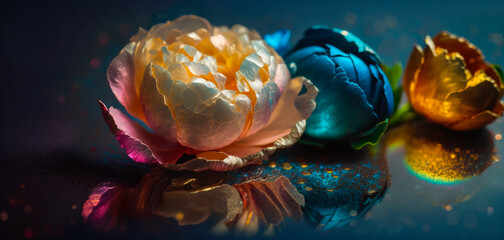 .Colorful Peony Flowers, shimmering and glowing. Valentine's Day, Mother's Day, Birthday, spa and beauty illustration idea created with Generative AI