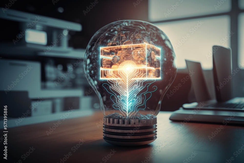 Poster artificial intelligence and neural networks concept, virtual creative light bulb with chip hologram 
