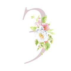 Watercolor blush pink floral table number, digit 3. Spring flowers illustration. Botanical, rose, peony bouquet, green, garden decor. Spring wedding stationery, greeting card, invitation diy