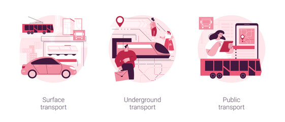 Public transport system abstract concept vector illustration set. Surface transport, underground public urban transportation, buy ticket, subway train station, bus stop, passenger abstract metaphor.