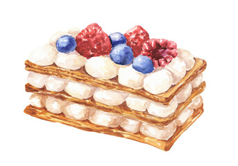 Watercolour mille feuille french dessert. Food illustration.