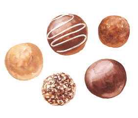 Watercolour chocolate truffles french dessert. Food illustration.