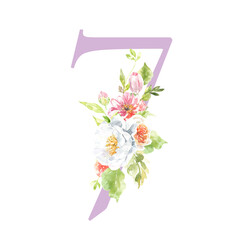 Watercolor lilac floral table number, digit 7. Spring flowers illustration. Botanical, rose, peony bouquet, green, garden decor. Spring wedding stationery, greeting card, invitation diy
