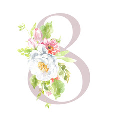 Watercolor blush pink floral table number, digit 8. Spring flowers illustration. Botanical, rose, peony bouquet, green, garden decor. Spring wedding stationery, greeting card, invitation diy