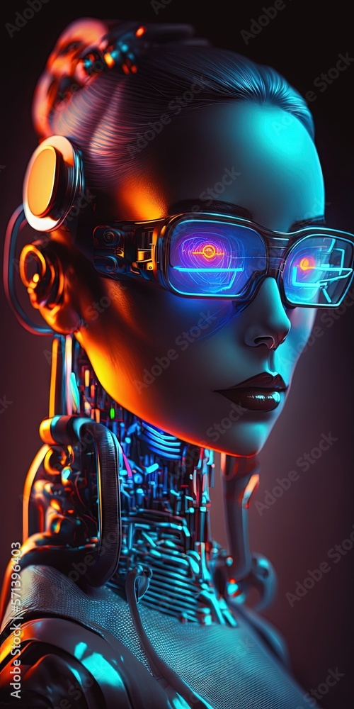 Poster humanoid robot. manikin face with glasses. woman robot face close up. robotics. concept artificial i