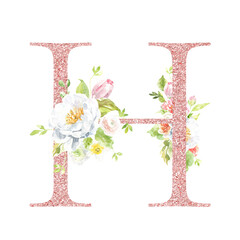 Watercolor Rose gold glitter floral alphabet. Spring flowers letter H monogram initials illustration. Botanical, rose peony bouquet, green, garden decor. Spring wedding stationery greeting card, rsvp