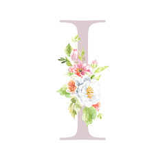Watercolor Rose blush,pale floral alphabet. Spring flowers letter I monogram initials illustration. Botanical, rose peony bouquet, green, garden decor. Spring wedding stationery greeting card, rsvp